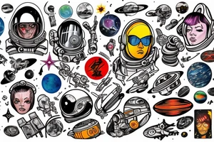 full sleeve, Sci-fi art style, full scene, full sleeve, full color, spaceman, fight, colorful, 1960's, retro tattoo idea