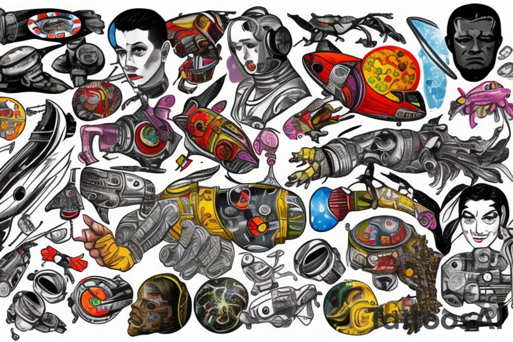full sleeve, Sci-fi art style, full scene, full sleeve, full color, spaceman, fight, colorful, 1960's, retro tattoo idea