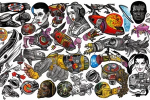 full sleeve, Sci-fi art style, full scene, full sleeve, full color, spaceman, fight, colorful, 1960's, retro tattoo idea