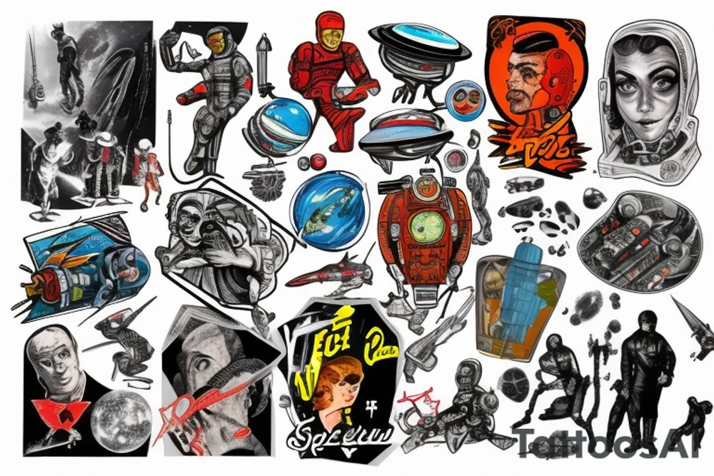 full sleeve, Sci-fi pulp art style, full scene, full sleeve, full color, spaceman, fight, colorful, 1960's, retro tattoo idea