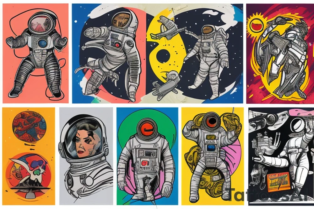 full sleeve, Sci-fi pulp art style, full scene, full sleeve, full color, spaceman, fight, colorful, 1960's, retro tattoo idea