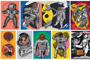 full sleeve, Sci-fi pulp art style, full scene, full sleeve, full color, spaceman, fight, colorful, 1960's, retro tattoo idea
