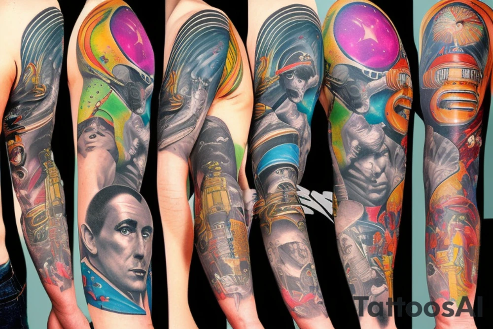 full sleeve, Sci-fi pulp art style, full scene, full sleeve, full color, spaceman, fight, colorful, 1960's, retro tattoo idea