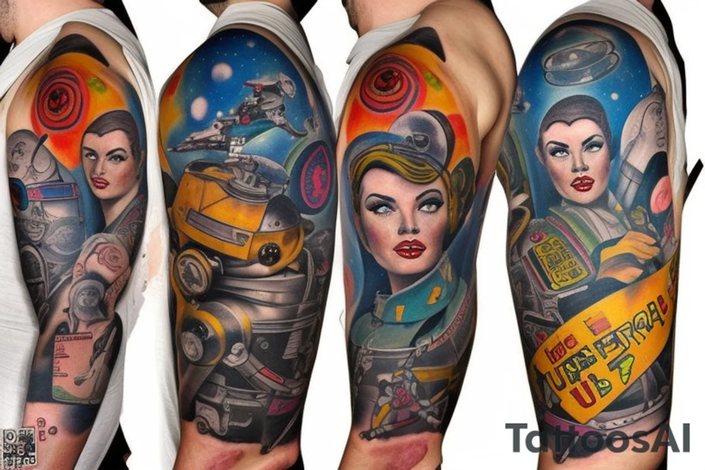full sleeve, Sci-fi pulp art style, full scene, full sleeve, full color, spaceman, fight, colorful, 1960's, retro tattoo idea