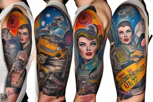 full sleeve, Sci-fi pulp art style, full scene, full sleeve, full color, spaceman, fight, colorful, 1960's, retro tattoo idea