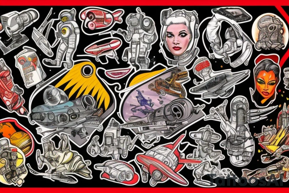 full sleeve, Sci-fi pulp art style, full scene, full sleeve, full color, spaceman, fight, colorful, 1960's, retro tattoo idea