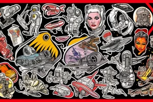 full sleeve, Sci-fi pulp art style, full scene, full sleeve, full color, spaceman, fight, colorful, 1960's, retro tattoo idea