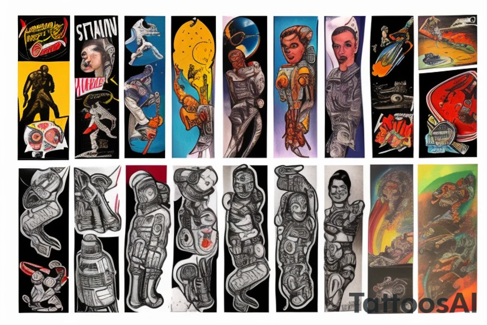 full sleeve, Sci-fi pulp art style, full scene, full sleeve, full color, spaceman, fight, colorful, 1960's, retro tattoo idea