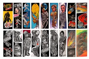 full sleeve, Sci-fi pulp art style, full scene, full sleeve, full color, spaceman, fight, colorful, 1960's, retro tattoo idea