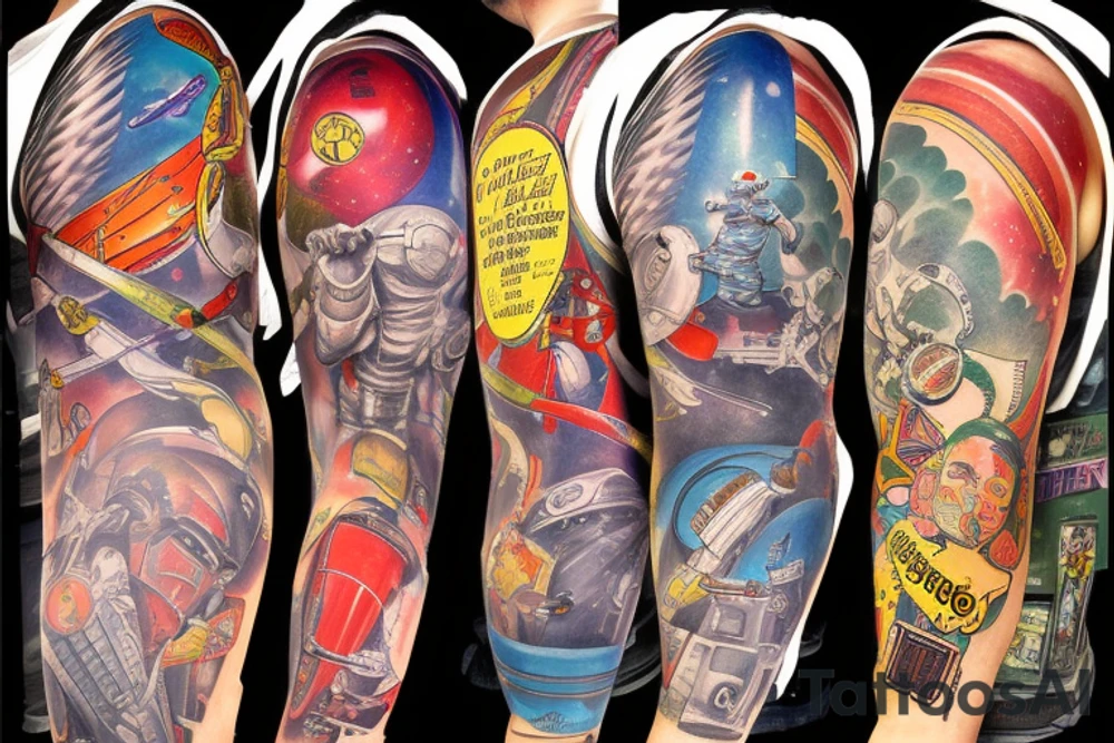 full sleeve, Sci-fi pulp art style, full scene, full sleeve, full color, spaceman, fight, colorful, 1960's, retro tattoo idea