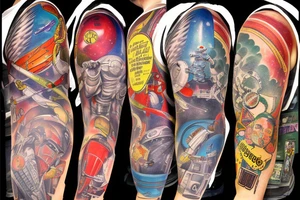 full sleeve, Sci-fi pulp art style, full scene, full sleeve, full color, spaceman, fight, colorful, 1960's, retro tattoo idea