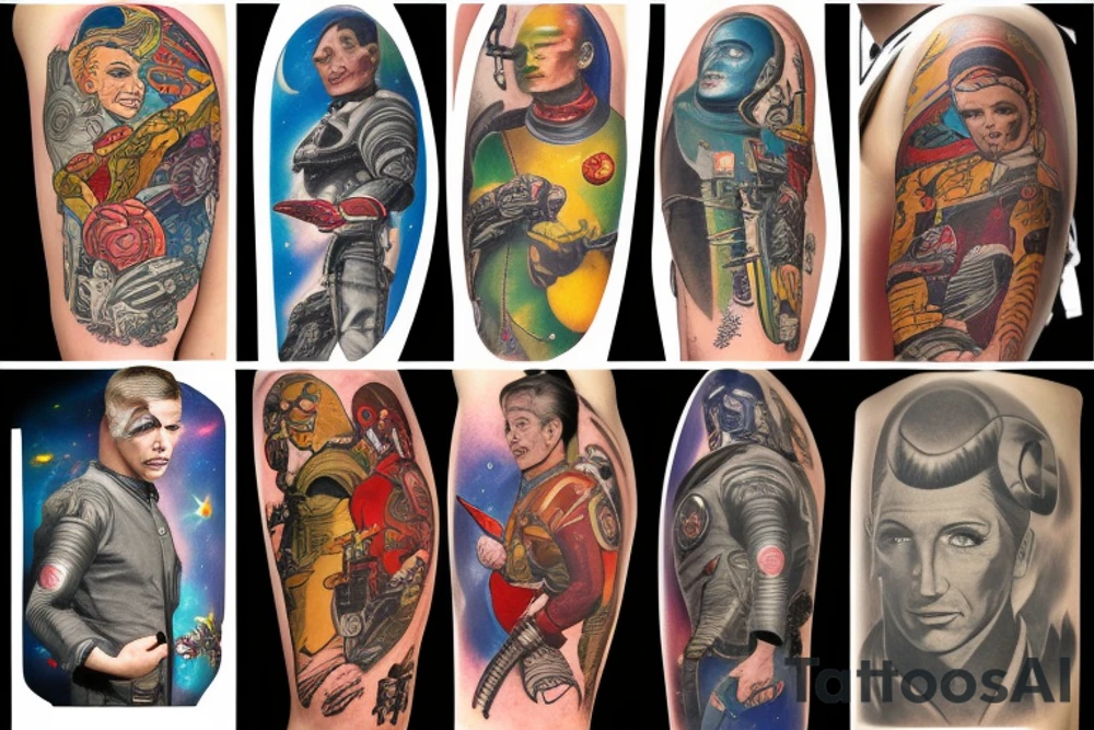 full sleeve, Sci-fi pulp art style, full scene, full sleeve, full color, spaceman, fight, colorful, 1960's, retro tattoo idea