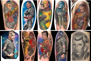 full sleeve, Sci-fi pulp art style, full scene, full sleeve, full color, spaceman, fight, colorful, 1960's, retro tattoo idea