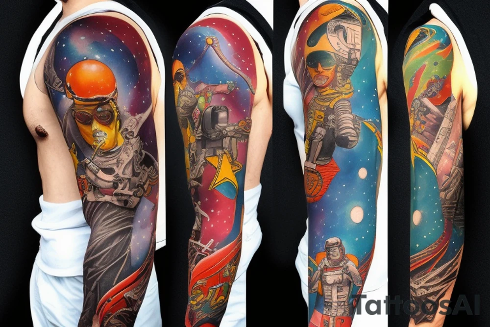 full sleeve, Sci-fi pulp art style, full scene, full sleeve, full color, spaceman, fight, colorful, 1960's, retro tattoo idea