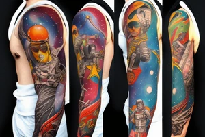 full sleeve, Sci-fi pulp art style, full scene, full sleeve, full color, spaceman, fight, colorful, 1960's, retro tattoo idea