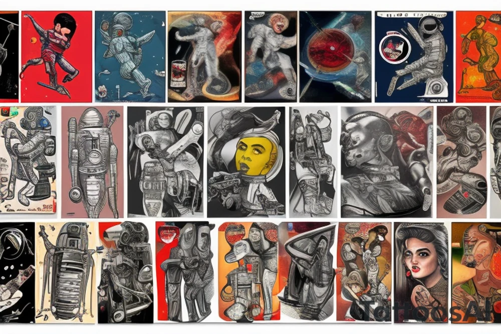 full sleeve, Sci-fi pulp art style, full scene, full sleeve, full color, spaceman, fight, colorful, 1960's, retro tattoo idea