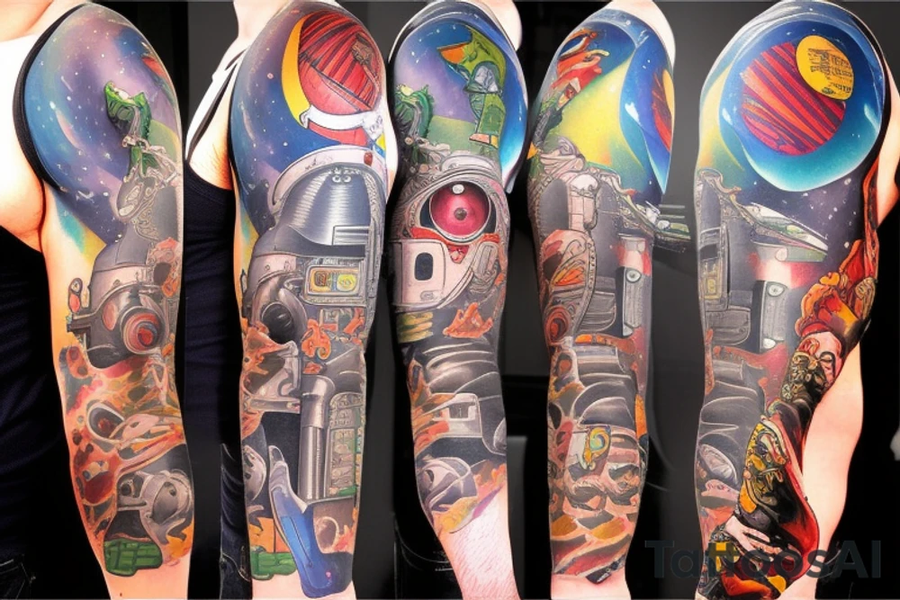 full sleeve, Sci-fi pulp art style, full scene, full sleeve, full color, spaceman, fight, colorful, 1960's, retro tattoo idea