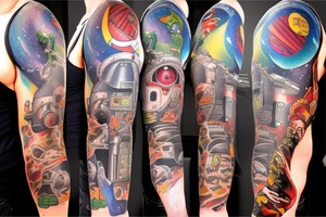 full sleeve, Sci-fi pulp art style, full scene, full sleeve, full color, spaceman, fight, colorful, 1960's, retro tattoo idea