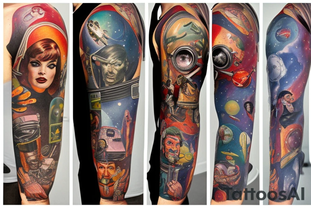 full sleeve, Sci-fi pulp art style, full scene, full sleeve, full color, spaceman, fight, colorful, 1960's, retro tattoo idea