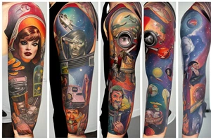 full sleeve, Sci-fi pulp art style, full scene, full sleeve, full color, spaceman, fight, colorful, 1960's, retro tattoo idea
