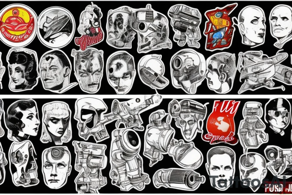 full sleeve, Sci-fi pulp art style, full scene, full sleeve, full color, spaceman, war, colorful, 1960's, retro tattoo idea