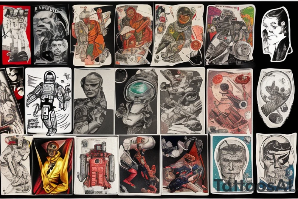 full sleeve, Sci-fi pulp art style, full scene, full sleeve, full color, spaceman, war, colorful, 1960's, retro tattoo idea