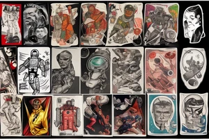 full sleeve, Sci-fi pulp art style, full scene, full sleeve, full color, spaceman, war, colorful, 1960's, retro tattoo idea