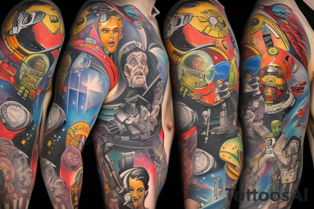 full sleeve, Sci-fi pulp art style, full scene, full sleeve, full color, spaceman, war, colorful, 1960's, retro tattoo idea