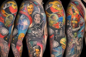 full sleeve, Sci-fi pulp art style, full scene, full sleeve, full color, spaceman, war, colorful, 1960's, retro tattoo idea