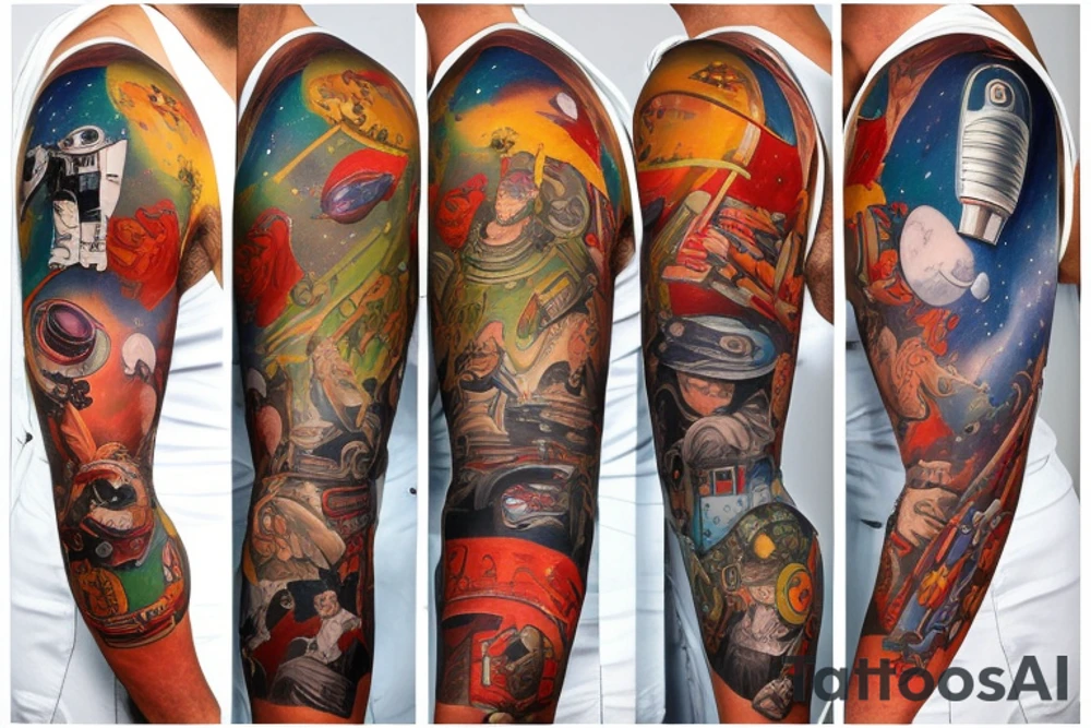 full sleeve, Sci-fi pulp art style, full scene, full sleeve, full color, spaceman, war, colorful, 1960's, retro tattoo idea