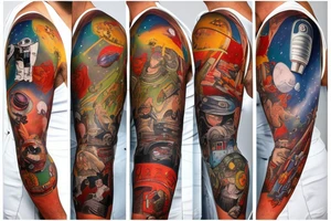 full sleeve, Sci-fi pulp art style, full scene, full sleeve, full color, spaceman, war, colorful, 1960's, retro tattoo idea