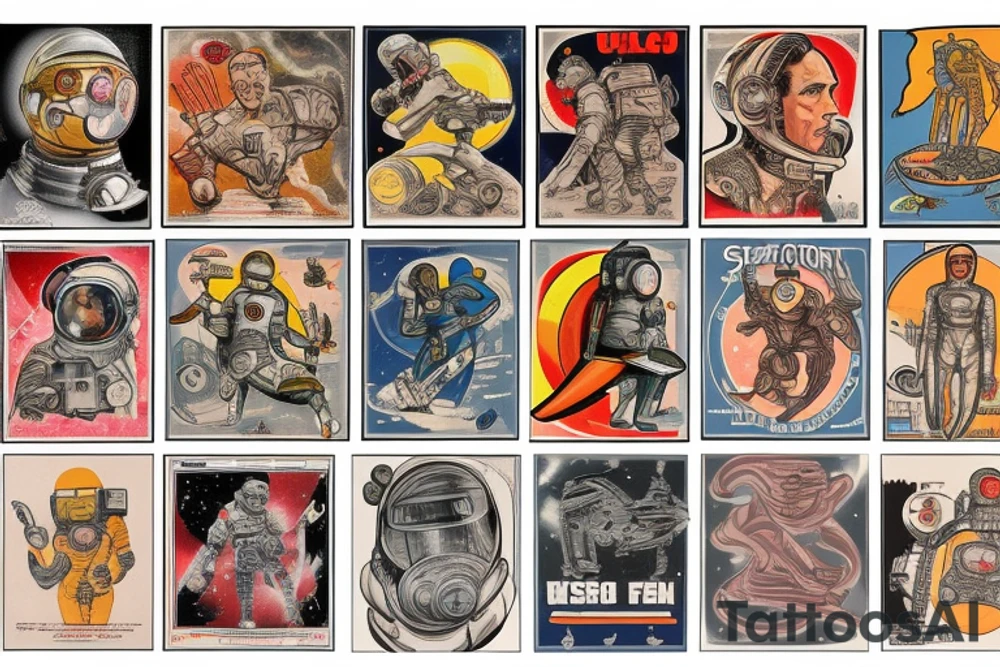 full sleeve, Sci-fi pulp art style, full scene, full sleeve, full color, spaceman, war, colorful, 1960's, retro tattoo idea