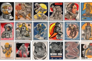full sleeve, Sci-fi pulp art style, full scene, full sleeve, full color, spaceman, war, colorful, 1960's, retro tattoo idea