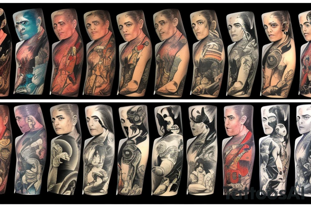 full sleeve, Sci-fi pulp art style, full scene, full sleeve, full color, spaceman, war, colorful, 1960's, retro tattoo idea
