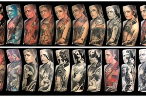 full sleeve, Sci-fi pulp art style, full scene, full sleeve, full color, spaceman, war, colorful, 1960's, retro tattoo idea
