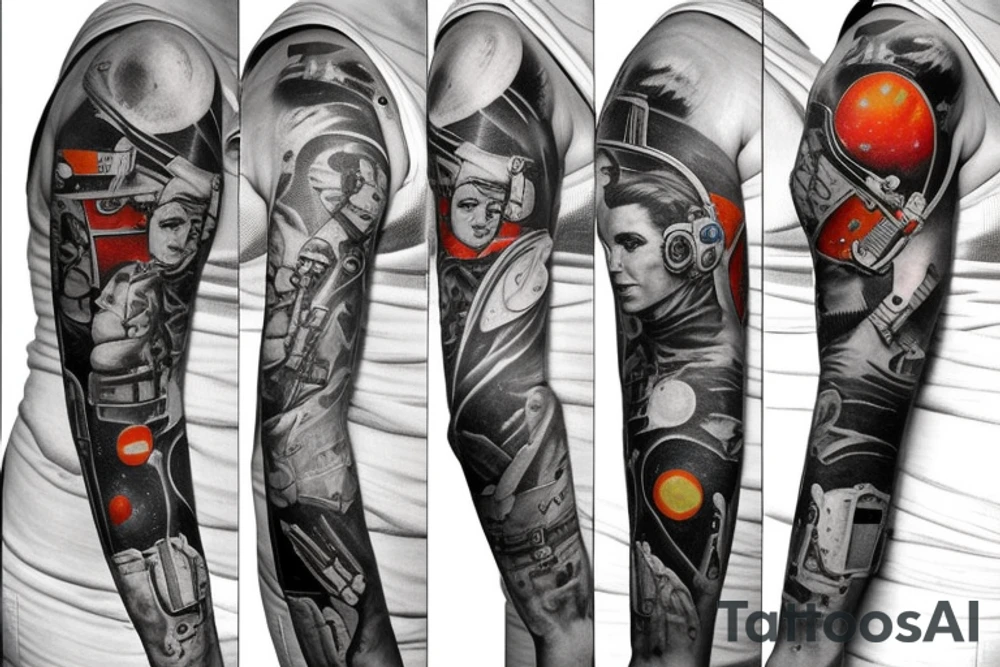 full sleeve, Sci-fi pulp art style, full scene, full sleeve, full color, spaceman, war, colorful, 1960's, retro tattoo idea