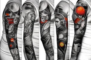 full sleeve, Sci-fi pulp art style, full scene, full sleeve, full color, spaceman, war, colorful, 1960's, retro tattoo idea