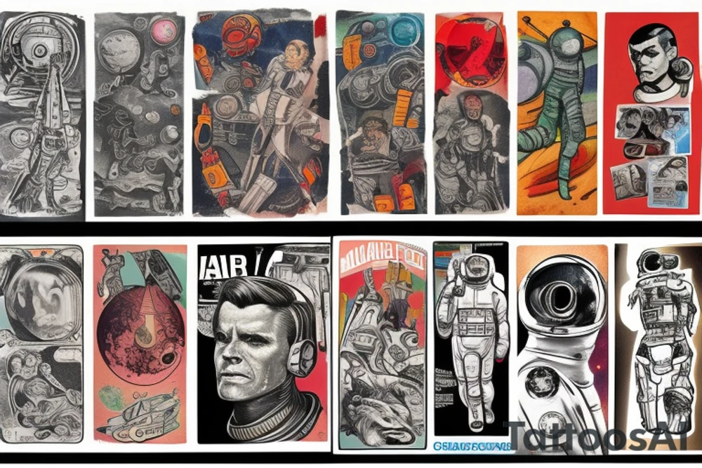 full sleeve, Sci-fi pulp art style, full scene, full sleeve, full color, spaceman, war, colorful, 1960's, retro tattoo idea