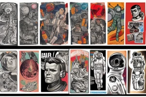 full sleeve, Sci-fi pulp art style, full scene, full sleeve, full color, spaceman, war, colorful, 1960's, retro tattoo idea