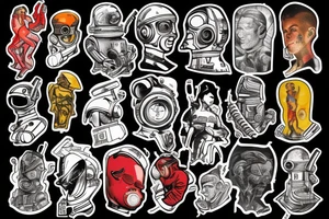 full sleeve, Sci-fi pulp art style, full scene, full sleeve, full color, spaceman, war, colorful, 1960's, tattoo idea