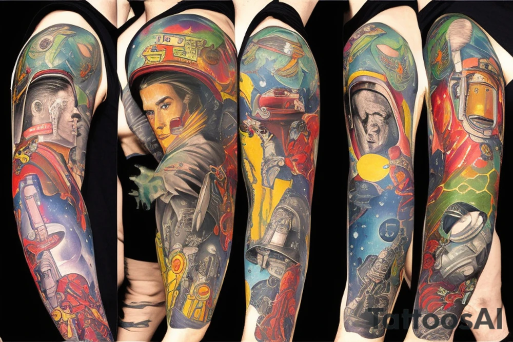 full sleeve, Sci-fi pulp art style, full scene, full sleeve, full color, spaceman, war, colorful, 1960's, tattoo idea