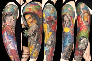 full sleeve, Sci-fi pulp art style, full scene, full sleeve, full color, spaceman, war, colorful, 1960's, tattoo idea