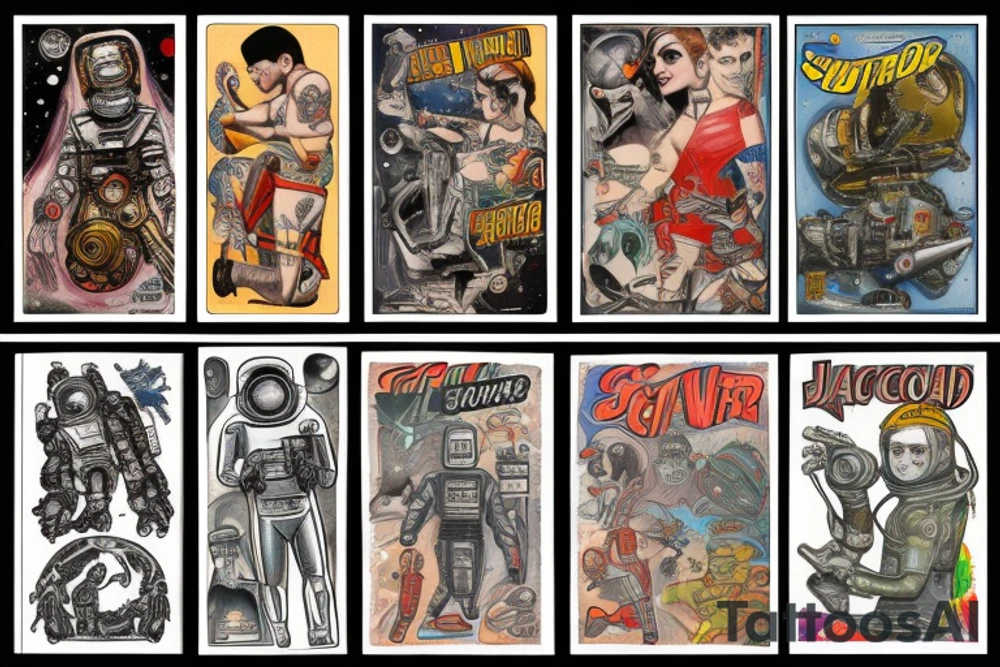 full sleeve, Sci-fi pulp art style, single scene, full sleeve, full color, spaceman, war, colorful, 1960's, tattoo idea