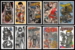 full sleeve, Sci-fi pulp art style, single scene, full sleeve, full color, spaceman, war, colorful, 1960's, tattoo idea