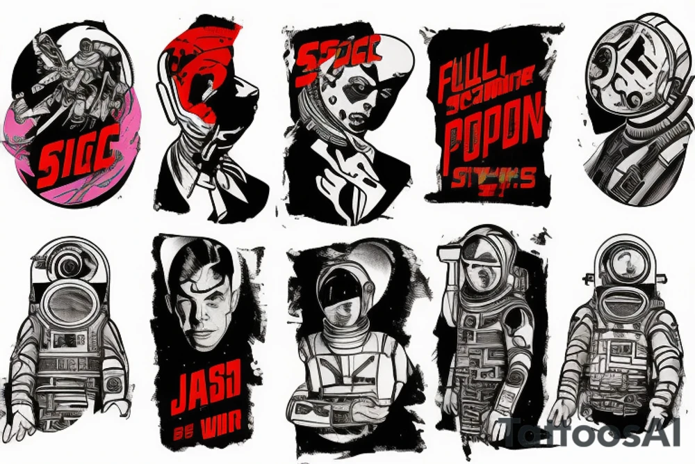 full sleeve, Sci-fi pulp art style, single scene, full sleeve, full color, spaceman, war, colorful, 1960's, tattoo idea