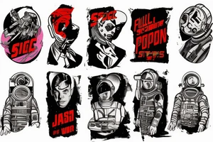 full sleeve, Sci-fi pulp art style, single scene, full sleeve, full color, spaceman, war, colorful, 1960's, tattoo idea