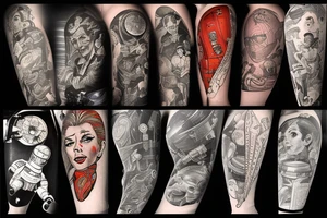 full sleeve, Sci-fi pulp art style, single scene, full sleeve, full color, spaceman, war, colorful, 1960's, tattoo idea