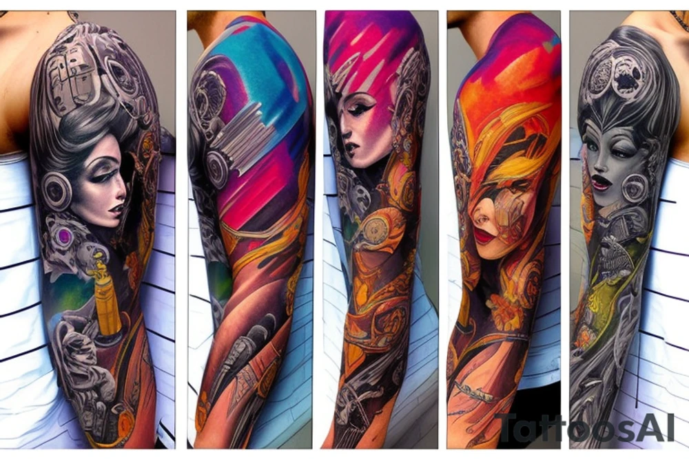 full sleeve, sci-fi, pulp, colorful tattoo idea