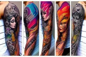 full sleeve, sci-fi, pulp, colorful tattoo idea