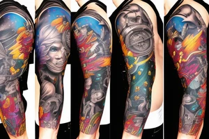 full sleeve, sci-fi, pulp, colorful tattoo idea